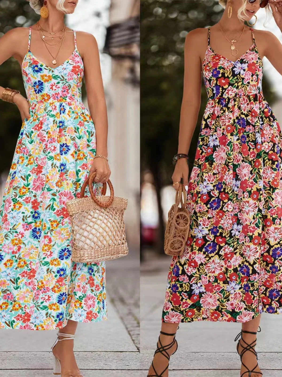 

Summer Floral Print ter Dr Women's Sexy Casual High Waist Long Skirt Polyester Fiber No Sve A-Line Gown