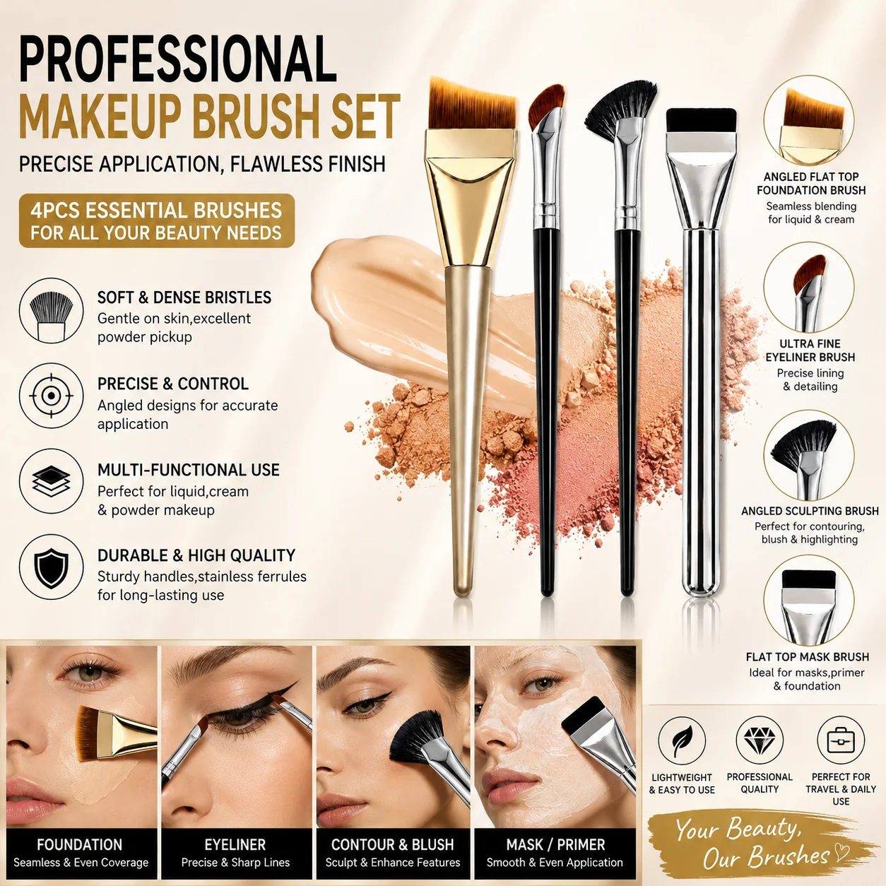 Professional Makeup Brush Set – Angled Foundation Brush, Korean Ultra-Thin Flat Face Mask & Concealer Brush, Eyeliner Brush Set,