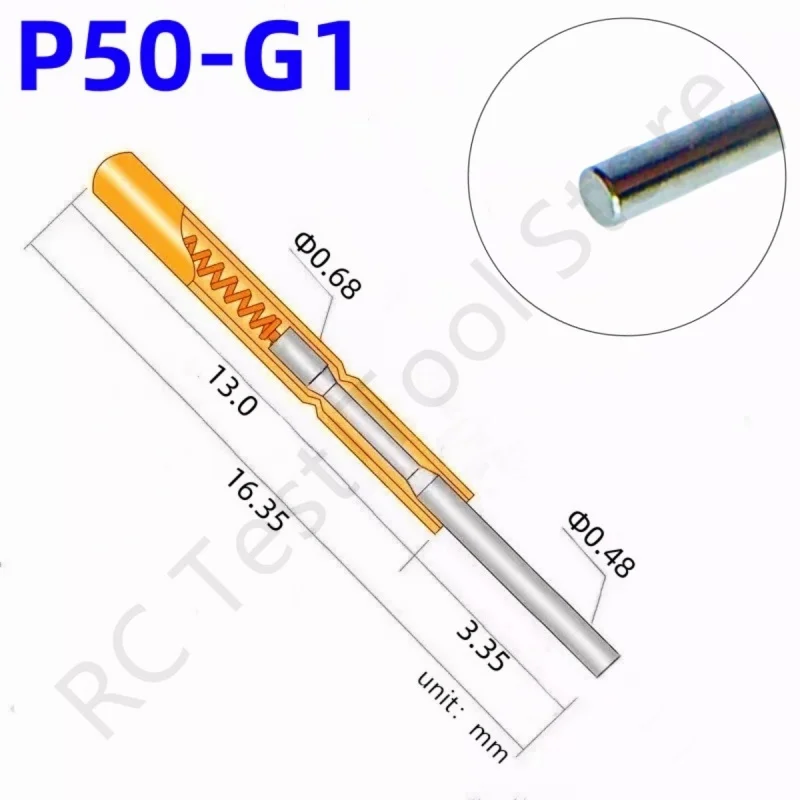 

20/100PCS Spring Test Probe P50-G1 Metal Test Pin Copper Nickel Plated Electronic Spring Test Pin Head Dia 0.48mm P50-G Pogo Pin