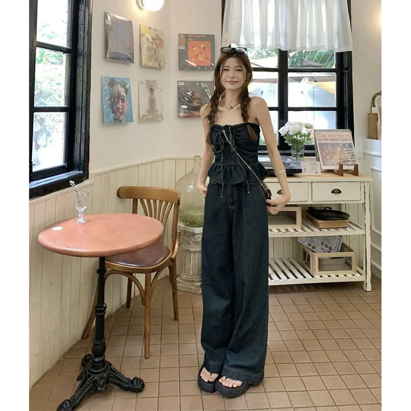 New Temperament Denim Suit Strapless Neck Tube Top Women\'s Spring Summer Loose Wide Legs Long Pants Comfortable Two-Piece Suit