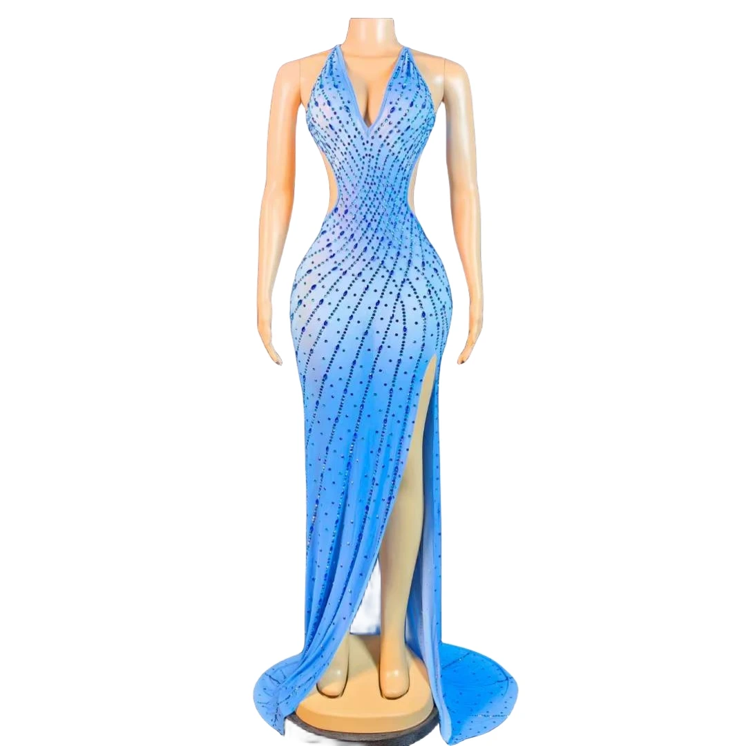 

Stunning Sky Blue Rhinestone Women Sleeveless Backless Long Dress Birthday Evening Wedding Performance Wear Night Out