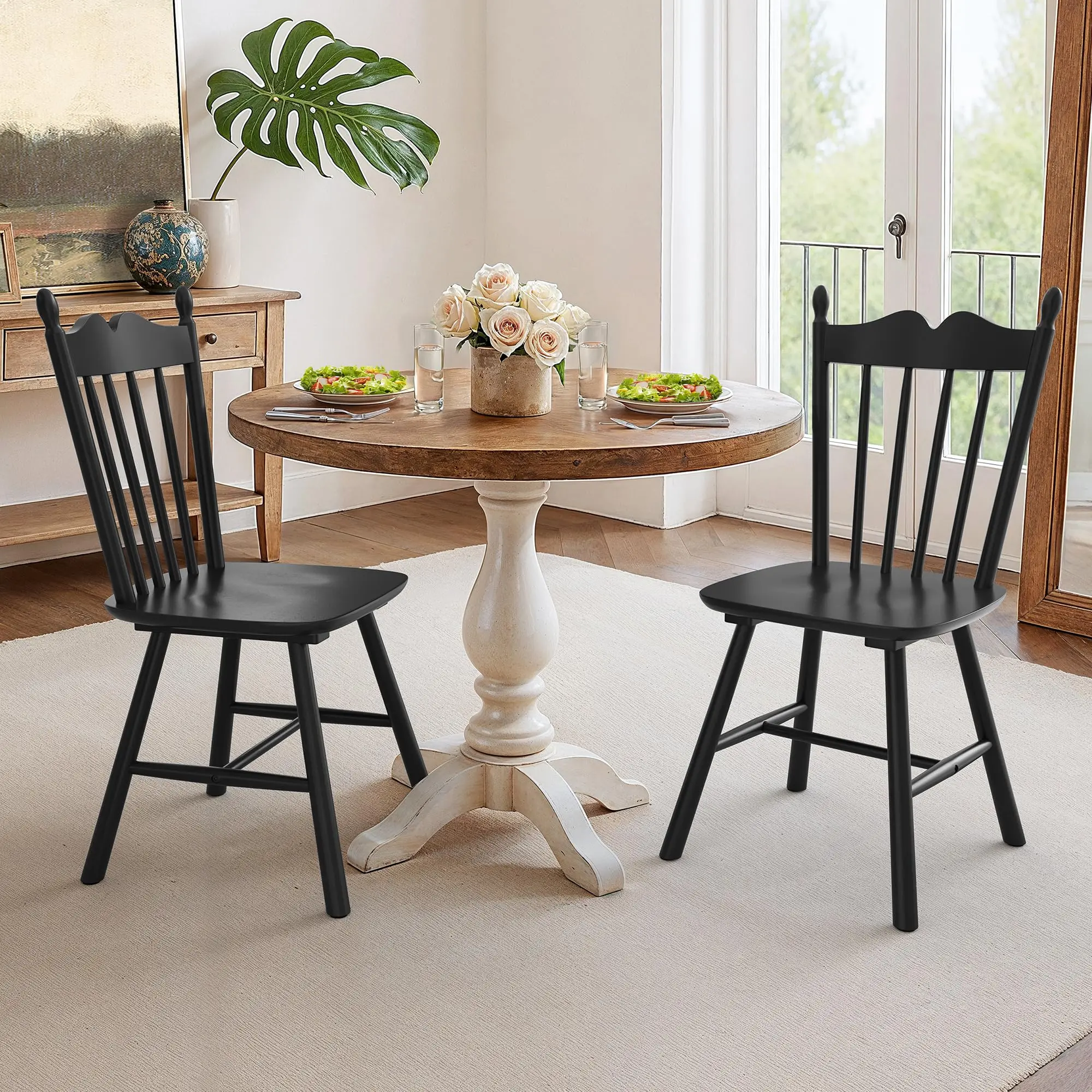 Black Dining Chairs Set of 2, Windsor Wooden Dining Chair with Thickened Backrest, Morden and Mid Century Kitchen