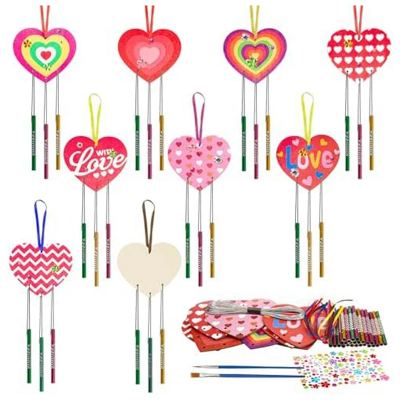 9 Pack Heart Wind Chime Make You Own Love Wind Chimes DIY Colorful Valentine's Day Wooden Craft