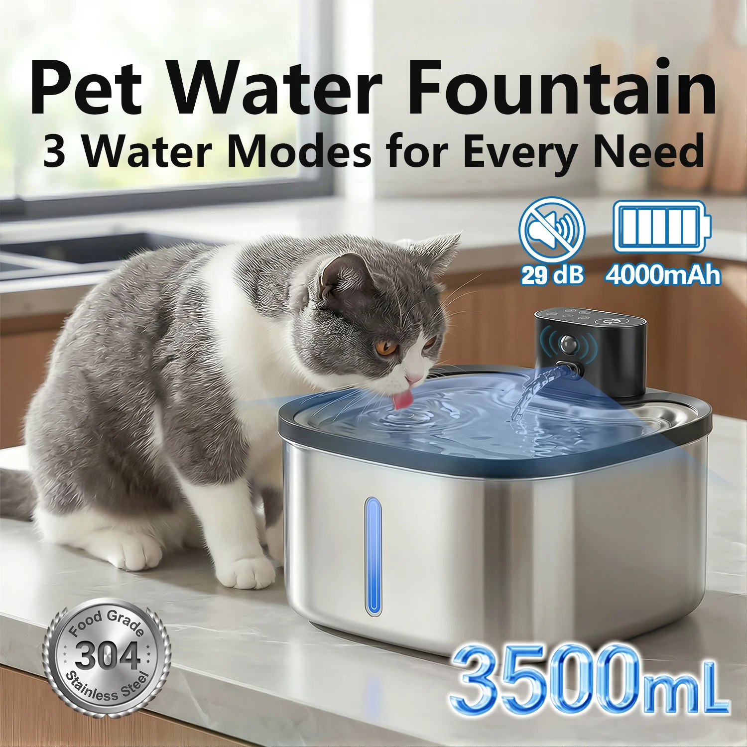 Fontanella per gatti da 3,5 litri/123 once, in acciaio inossidabile, con sensore automatico, purificatore d'acqua per animali domestici, pompa silenziosa e batteria di lunga durata, con finestra