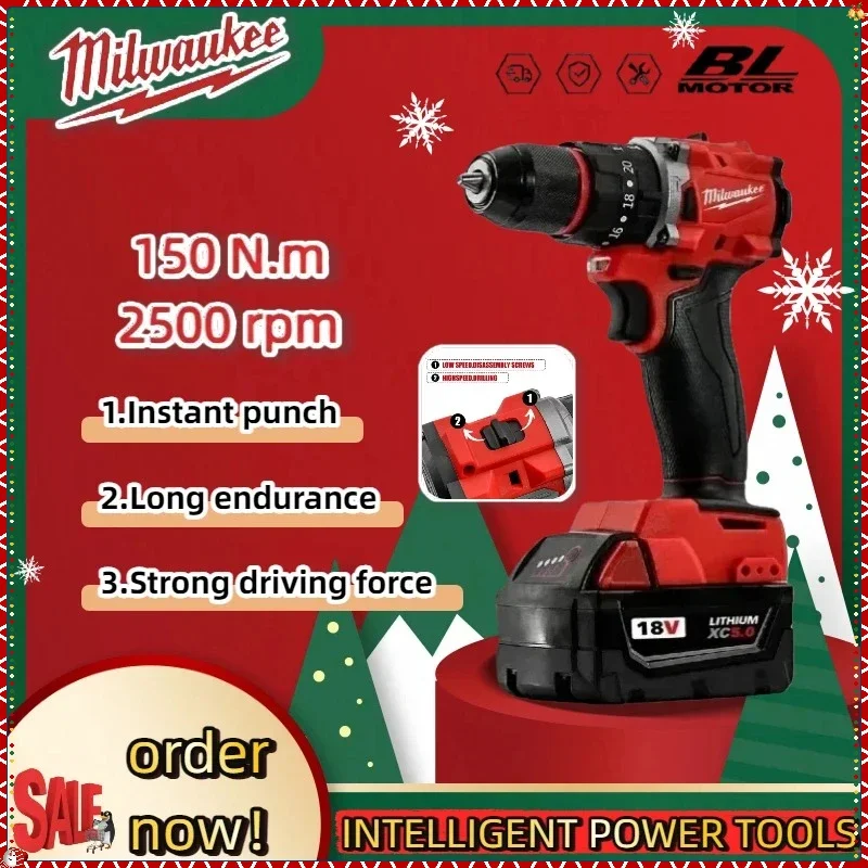 

Milwaukee 150N.m Cordless Electric Drill 20+3 Torque Small Drill Brushless Impact Drill Hammer Multifunctional Power Tools