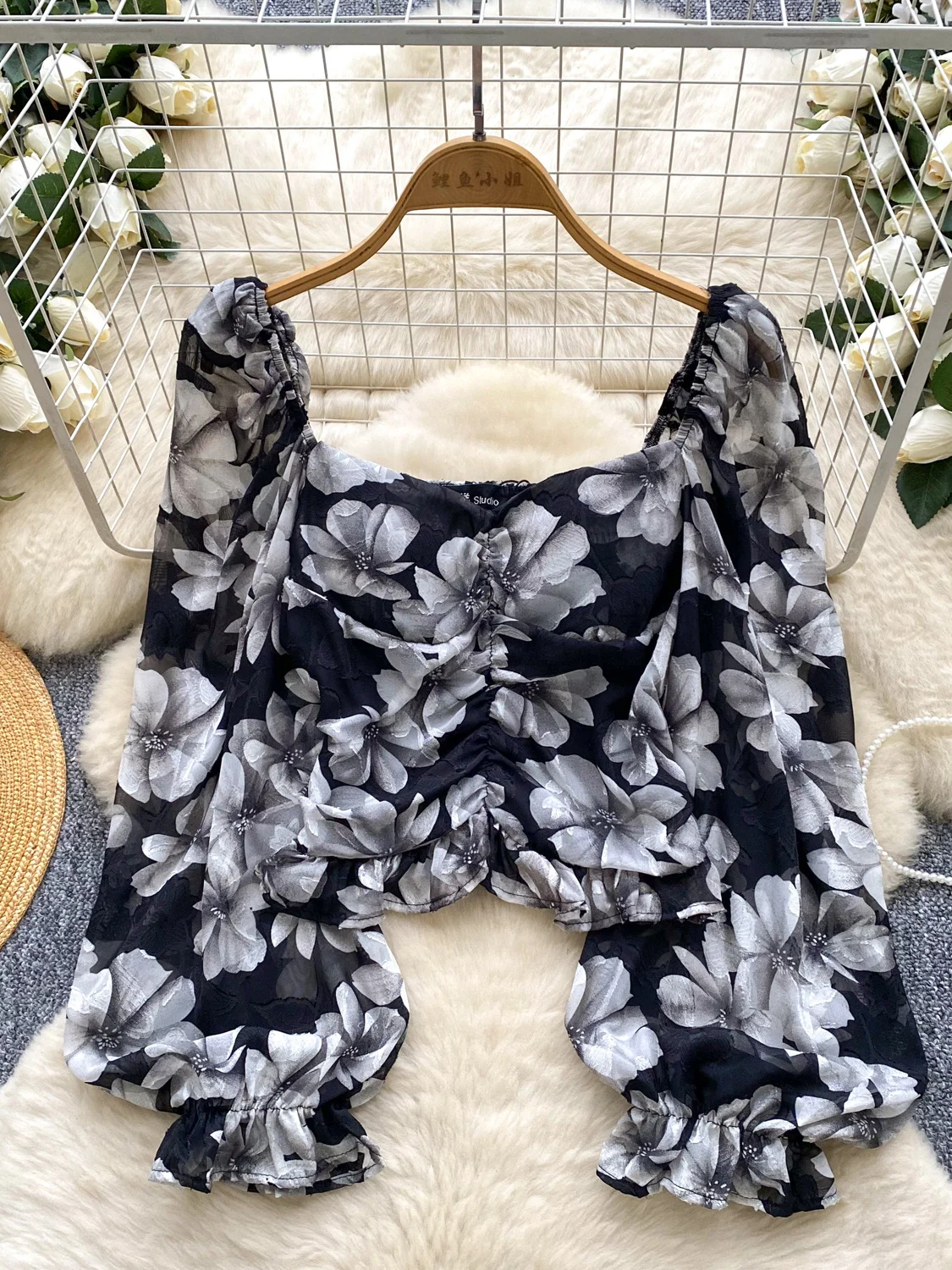 Mulheres preto gótico floral impressão camisas e blusas vintage elegante y2k 2000s emo manga longa gola quadrada camisa cortada outono