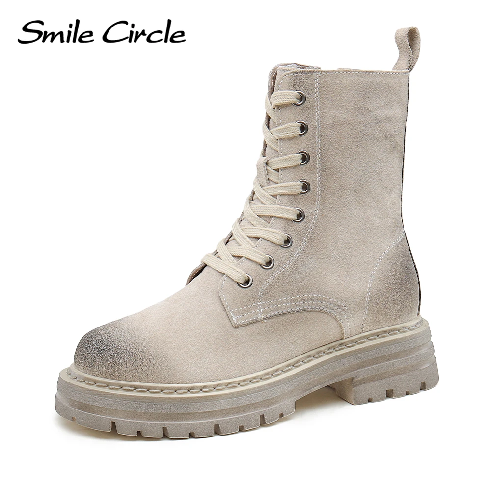 Smile Circle Ankle Boots Women Winter Cow Suede Leather Platform Boots Round Toe Lace-up Non-slip Snow Boots