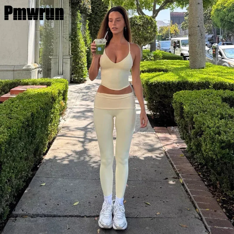 

Женский комплект для йоги PMWRUN из двух предметов с тонкими бретелями, леггинсы в тон, удобные и прочные, для ежедневных занятий йогой