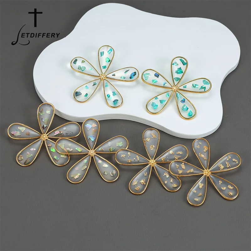 Letdiffery Boho Transparent Resin Floral Stud Earrings Stainless Steel Abalone Shell Crushed Gold Color Foil Flower Ear Jewelry