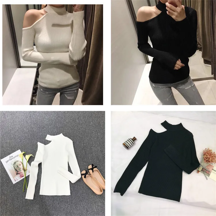 571 Otoño Invierno nueva moda medio cuello alto fuera del hombro Slim Fit Top de punto ropa interior