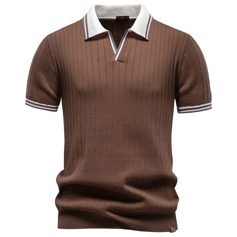 

New Summer Men's Knit Polo Shirt Striped Collar V Neck Short Sleeve Casual Vintage Slim Fit Breathable Knitted T-shirt for Men