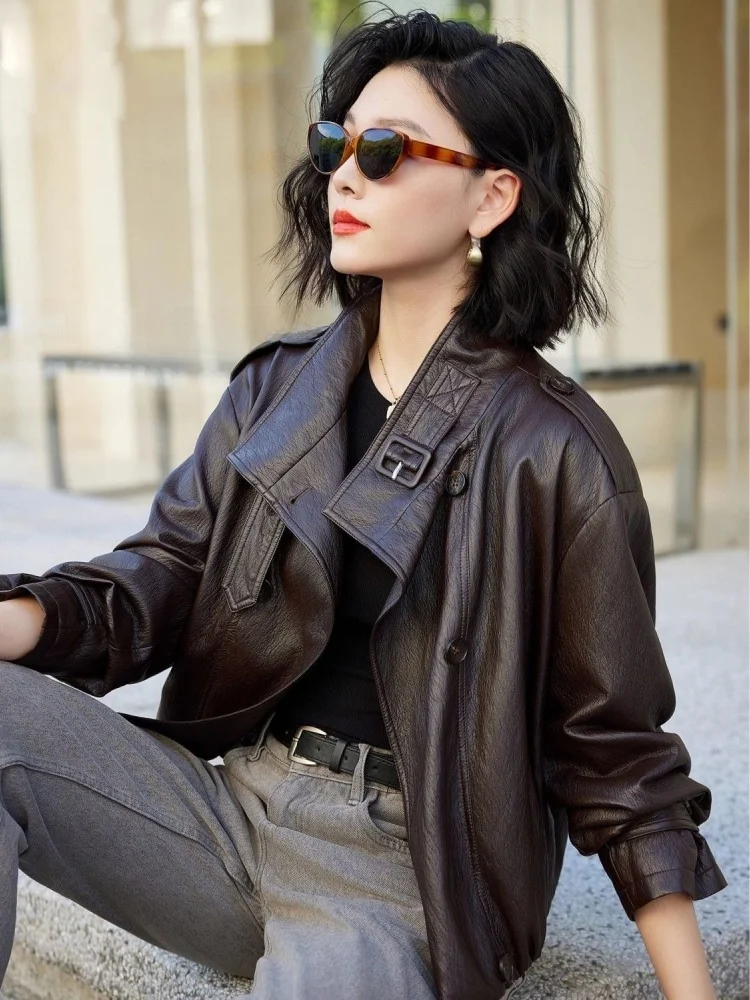 Casual Loose PU Leather Jaet Brown Stand Collar Women's Spring Autumn New Sle Retro Hong Kong Sle Leather Coat