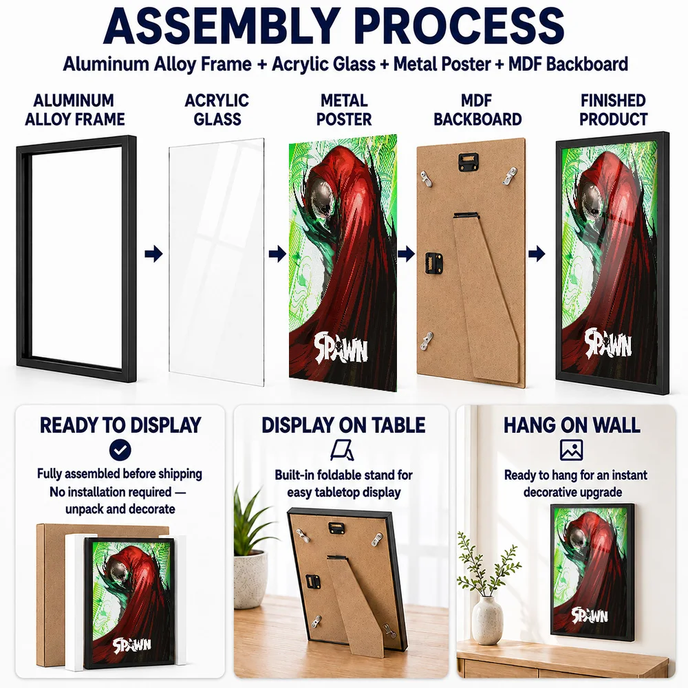 Spawn Red Cape And Green Energy Framed Metal Print Personalized Illustrated Wall Art For Media Room, Comic Book Collector Gift