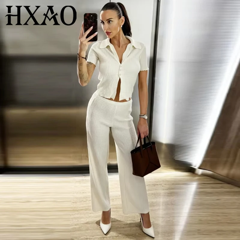HXAO Textured Pants Sets Women's Suit Crop Short Sleeve 2 Piece Set Elegant Female Sets High Waist Straight Leg Trousers Outfit