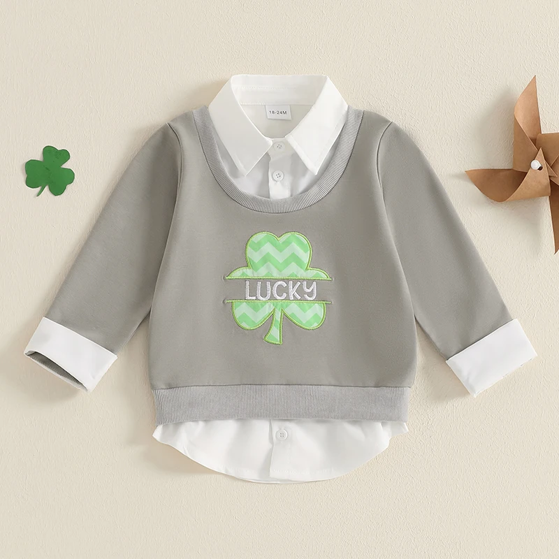 Fashion Kids Baby Boys Spring Fake Two-piece Tops Long Sleeve Lapel Letter Clover Embroidery Button Up Shirt