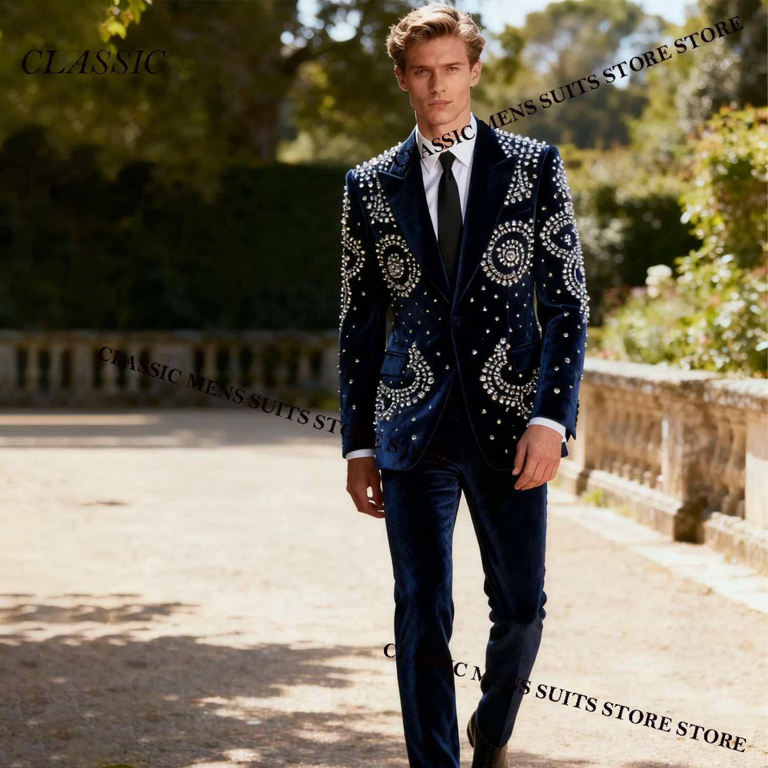 

Luxury Coat Style Men Suit 2 Piece Sets Groom Male Blazers Rhinestone Beaded Peaked Customized Lapel Ropa hombre Wedding Tuxedos