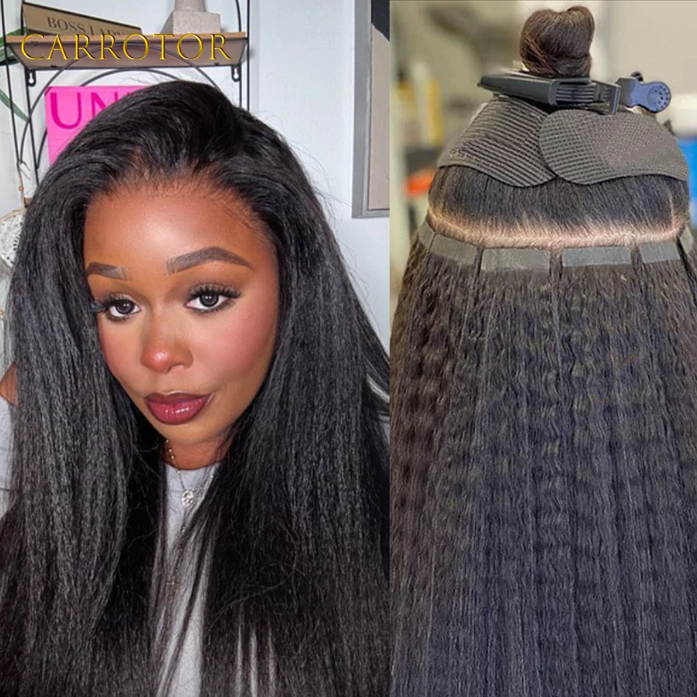 

Натуральные черные афро-прямые накладные пряди на ленточном креплении, бразильские волосы Реми, невидимые клейкие накладки для женщин, для ежедневной укладки