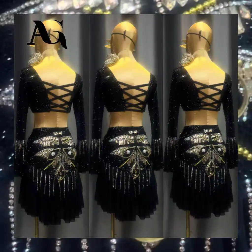 

Latin Dance AB Stone Female Adult Children High-End Customized Black Gold Ruffled Black Pool Samba Performance Dress