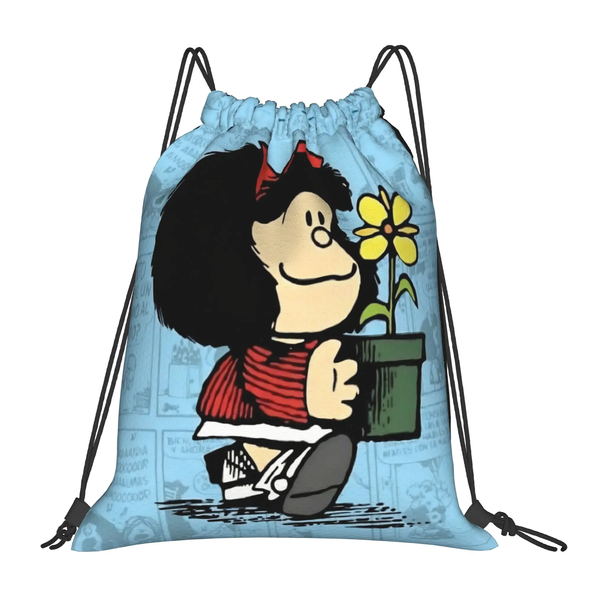 Mafaldas Cartoon Flowers Drawstring Backpack Gym Sports Sackpack Water Resistant  String Bag for Travel 36cm (W) x 43cm (H)