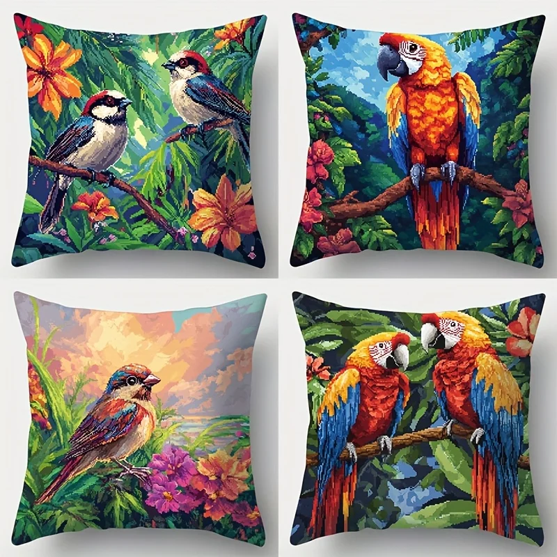 4pcs Pillow Covers Set Cushion Cases 40x40cm Tropical Macaw Bird Floral Jungle Art Home Decor Living Room Accent