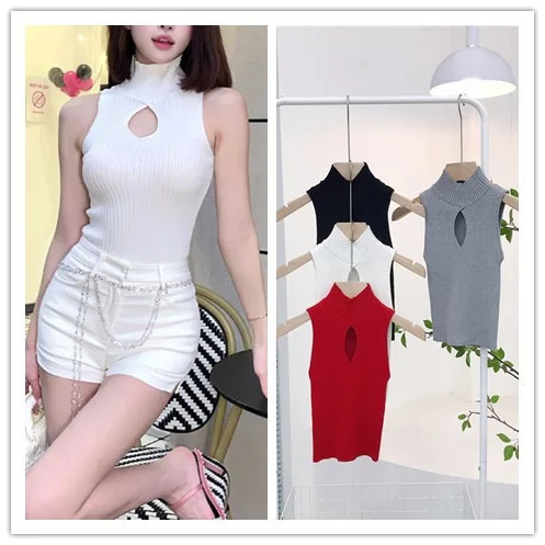 7590 Summer New Pure Desire Sexy Half Neck Hollow Out Ribbed High Waist Short Sleeveless Tank Top For Women