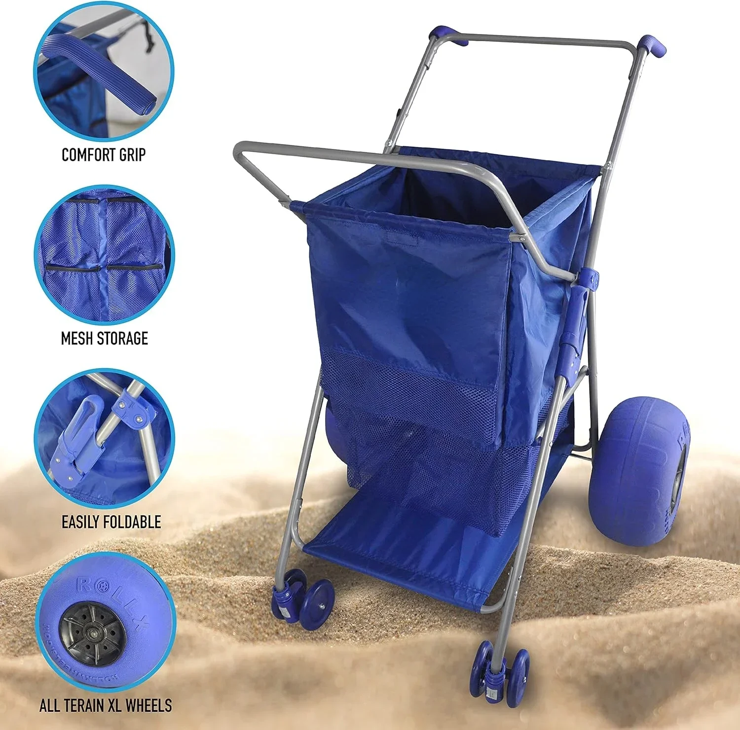 Big Balloon Wheel Beach Cart for Sand, Foldable Storage Wagon with Big 13 Inch Beach Tires (Pump Included) (Blue)