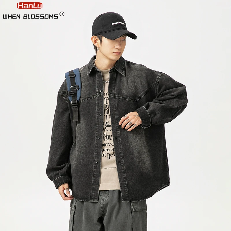 HANLU autunno 2024 moda coreana camicia di jeans sfumata lavata di alta qualità Streetwear cappotto uomo donna manica lunga giacca allentata