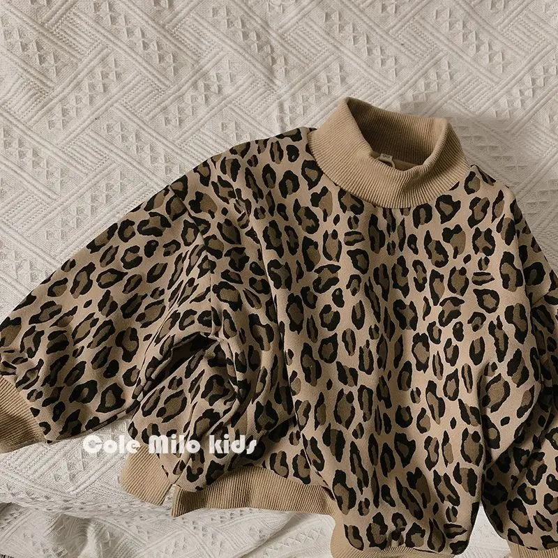 

Girl Boy Sweater Spring Autumn 2024 New Advanced Age Leopard Print Tops Add Velvet Thickened Loose Casual Simple Fashion Sweet