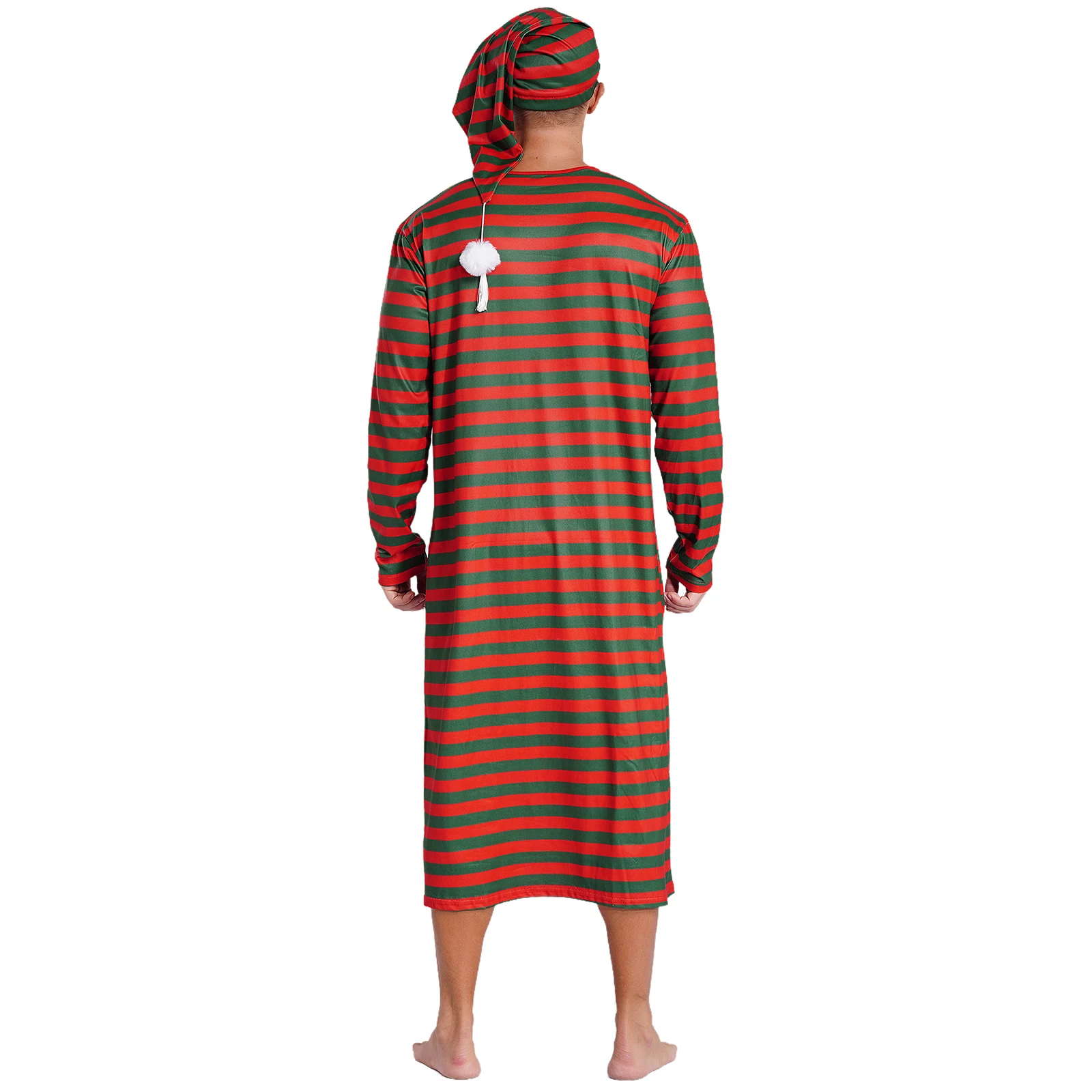 Mens Christmas Pajamas Long Sleeve Striped Sleep Long Robe with Hat Set Hat with Pom-pom Sissy Nightwear Cospaly Party Costume