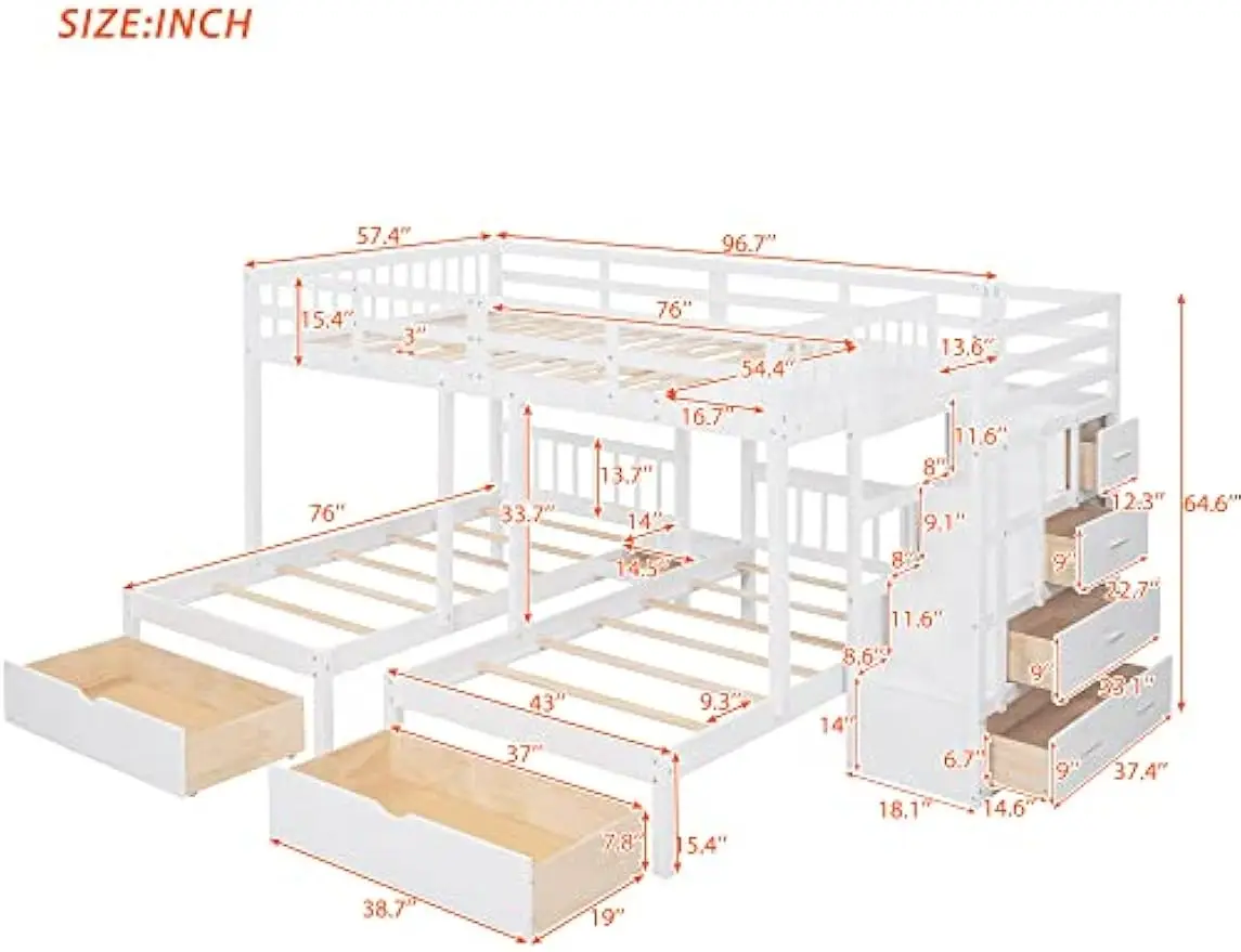 Triple Bunk Beds with Stairs and Storage Drawers,Full Over Twin&Twin Bunk Beds for 3 Kids,Wooden 3 Bunk Beds Frame