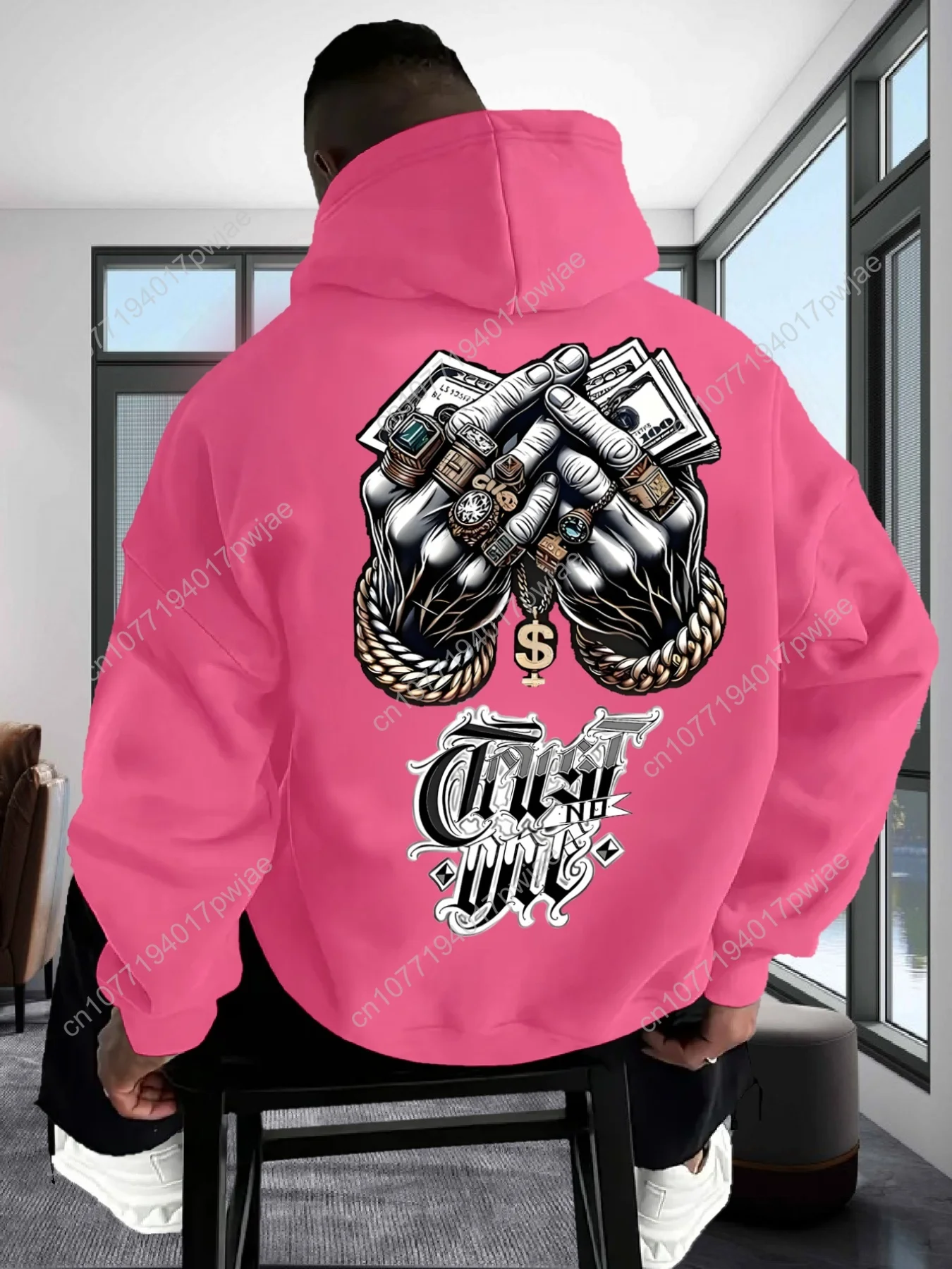 Moletom com capuz masculino com correntes douradas de dinheiro estampa gráfica/pulôver de streetwear inspirado em Rap/moletom casual com cordão