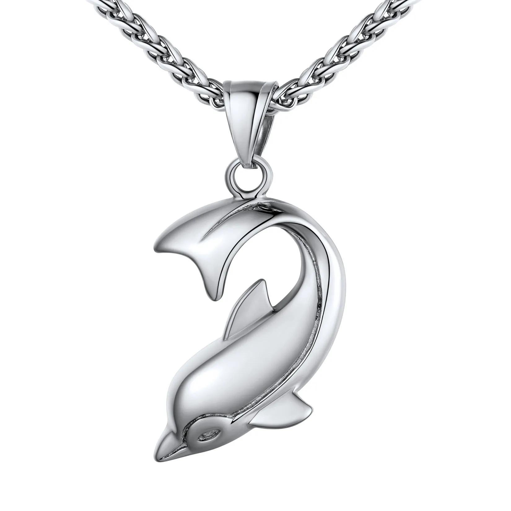 ChainsPro Cute Dolphin Necklace 316L Stainless Steel Peace Sea Animal Charm Pendant with 22inches Wheat Chain Unisex Jewelry
