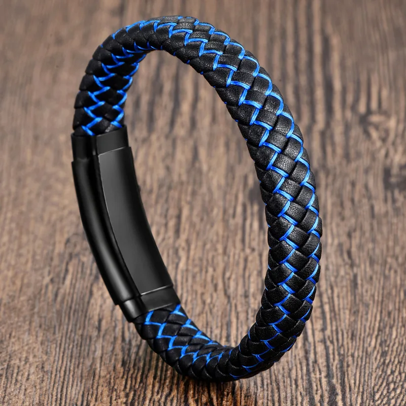 Black Leather Rope Cowhide Mens Double Layer Stainless Steel Genuine Leather Braided Bracelet Handmade Adjustable Length Leather