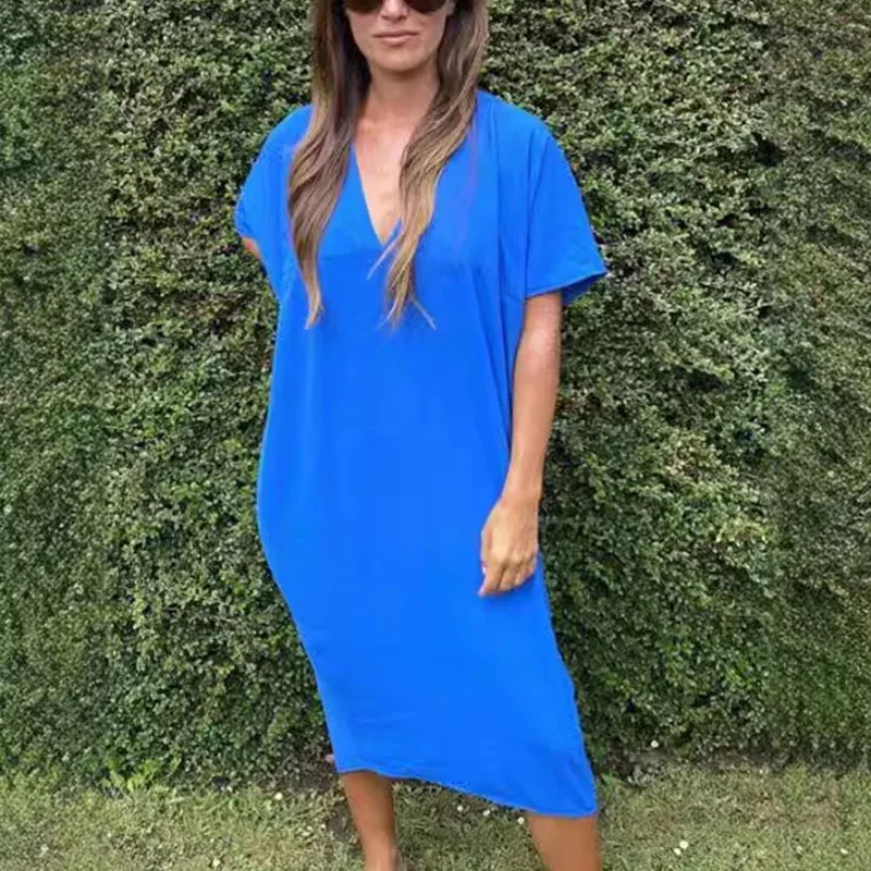 

Summer V-neck Short Sleeved Solid Color Women Dress 2024 Casual Loose Mid Length Skirt Office Commuting Fashionable Streetwear