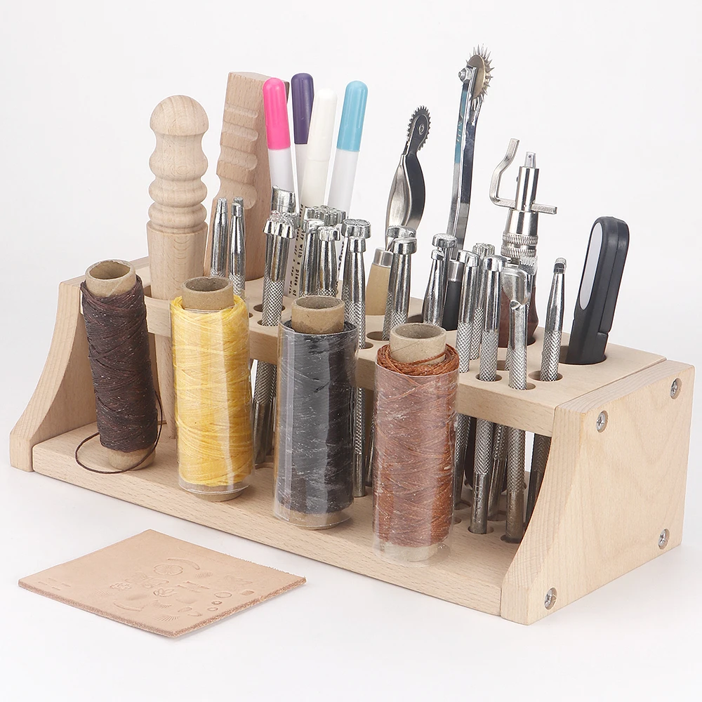 DIY Lederwerkzeug-Organizer, Nähzubehör-Aufbewahrungsregal, Lederwerkzeug- und Wachsfaden-Aufbewahrungsbox, Massivholz-Werkzeugkasten mit 15/27 Löchern