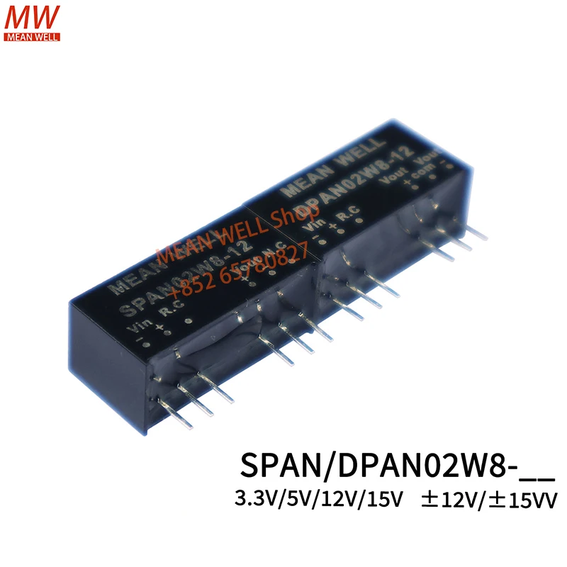 MEAN WELL 2W  SIP Package 8:1 Ultra-Wide Input DC-DC Regulated Converter SPAN02W8-03 SPAN02W8-05 DPAN02W8-12 DPAN02W8-15
