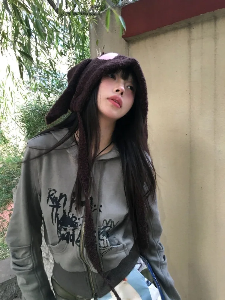 Vintage Gray Green Print Hoodie Sweatshirts Y2k E-Girl Long Sleeve Zipper Cardigan Jackets 2024 New Ribbed Cotton Coat Women