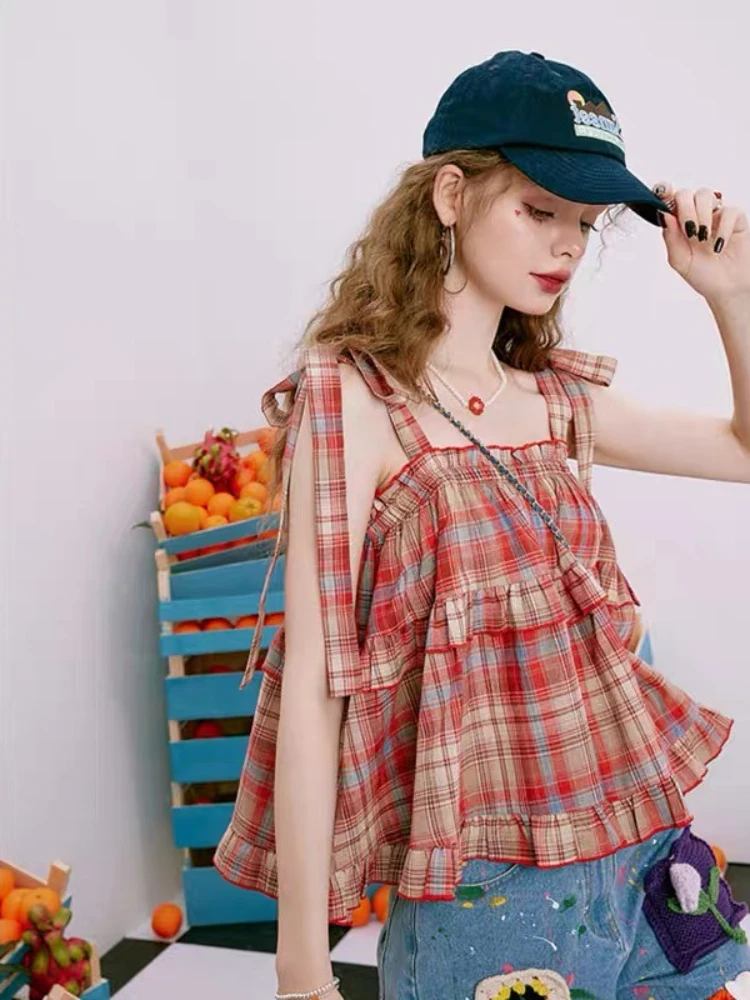 Y2K Hot Women Summer Acubi Japan Vintage Gyaru Tanks & Camis Lace Up Green Crop Top Plaid Strap Sleeveless Tank Tops Clothes view 2