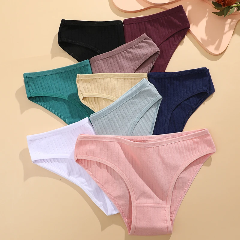 FINETOO 3PCS/SET Women\'s Cotton Panties Sexy Soft Striped Underpants Solid Color Briefs Female Comfortable Stretch Lingerie M-XL