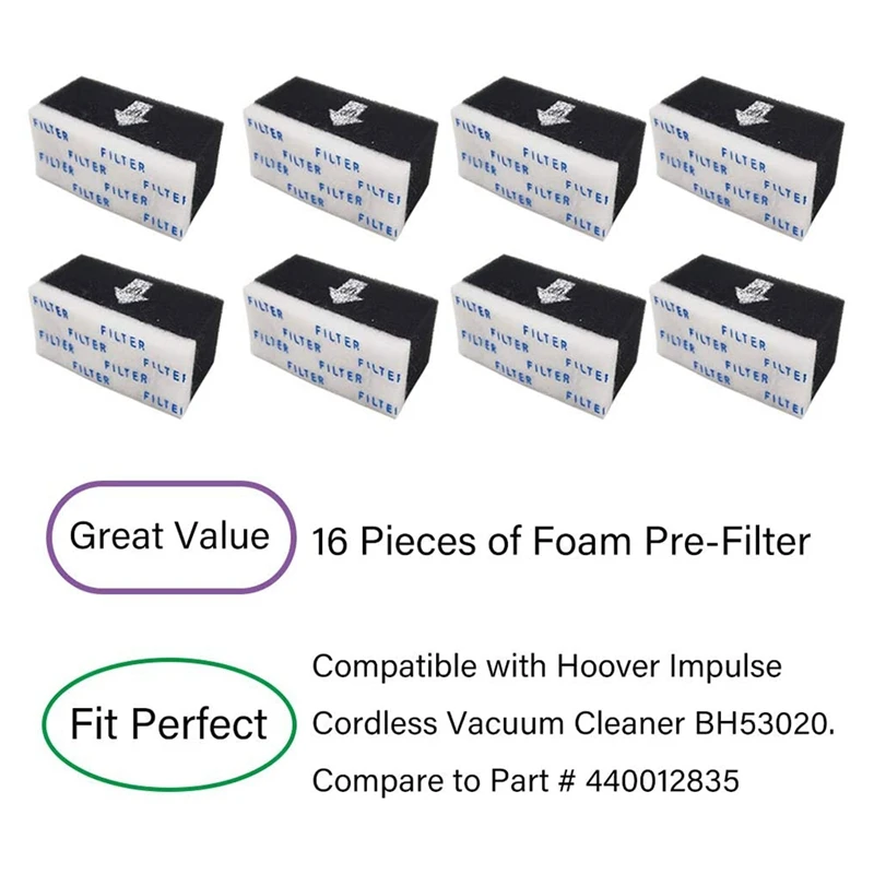 16 Pack Replacement Vacuum Foam Pre-Filter Set For Hoover Impulse BH53020 Cordless Vacuum Cleaners,Compare To 440012835