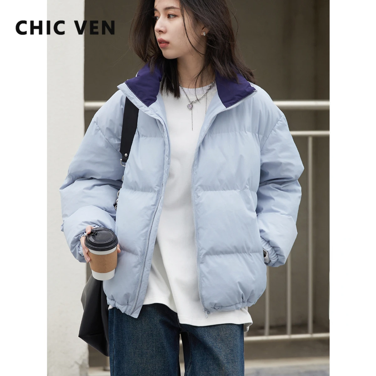 

CHIC VEN Women Parkas Coat Retro Loose Casual New Contrast Stand Up Collar Female Bread Jacket Autumn Winter 2023