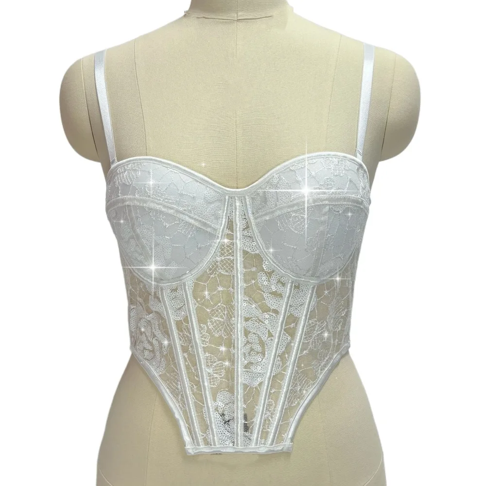 

Fashion Hollow Lace Sequin Camisole Transparent Sleeveless Lace Sequin Corset Streetwear Slim fit Crop Tops Spring Summer