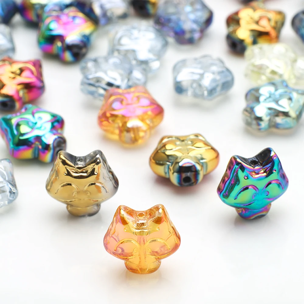 20Pcs Cartoon Fox Electroplated Glass Beads, Through‑Hole Loose Glass Spacers, Handmade Garment Ornament & DIY Jewelry Making