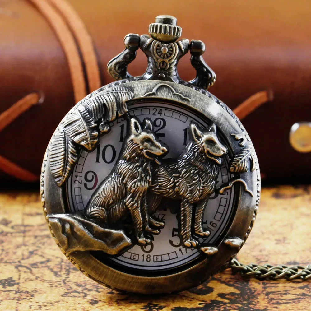 Bronze สุนัข Vintage นาฬิกาพ็อกเก็ตนาฬิกาผู้หญิงผู้ชายควอตซ์นาฬิกาแฟชั่น Fob Chain นาฬิกาของขวัญสําหรับผู้ชายผู้หญิง