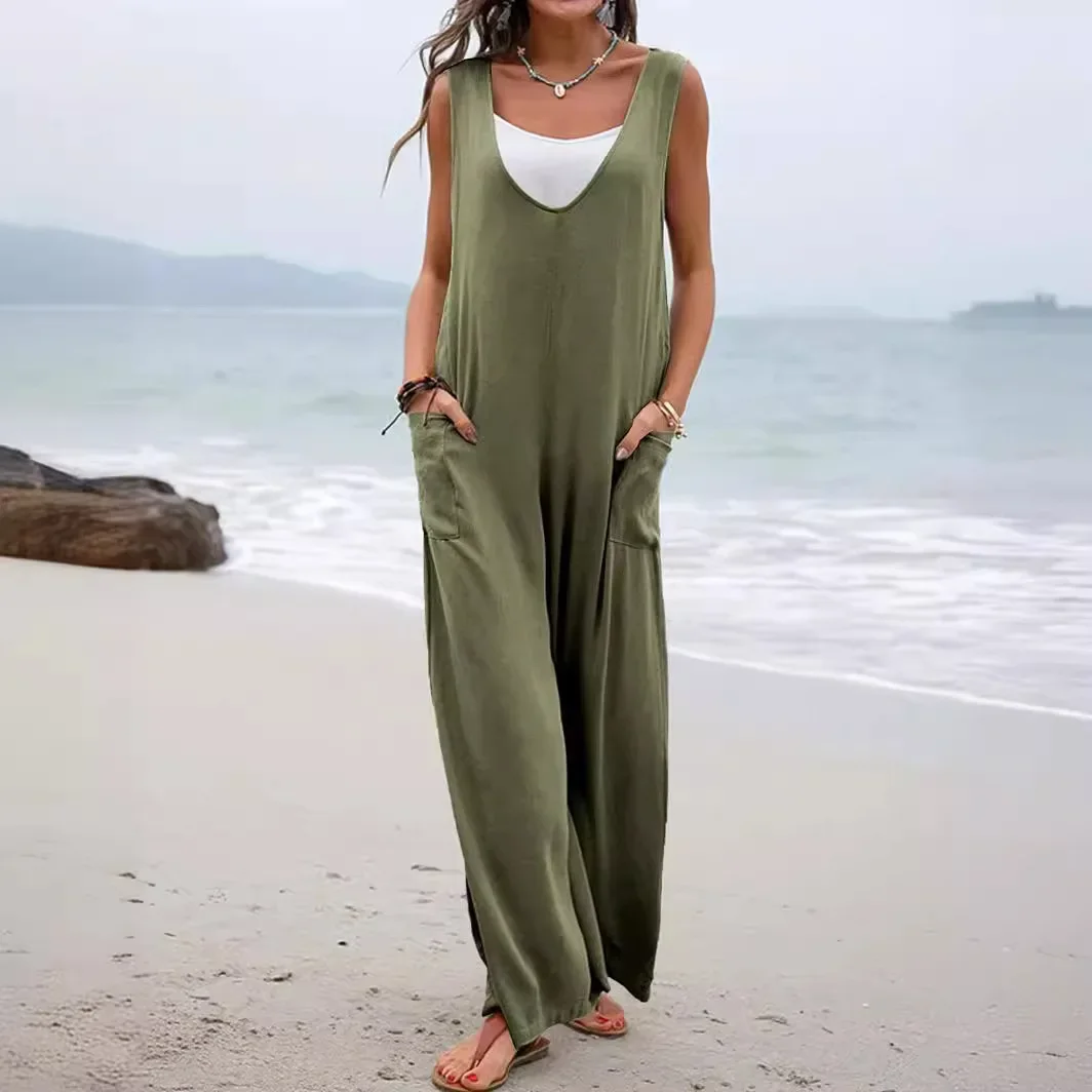 2024 Casual Summer New Solid Color Patch Bag V-neck Strap Wide Leg Jumpsuit Fashionable Versatile Loose And Comfortable