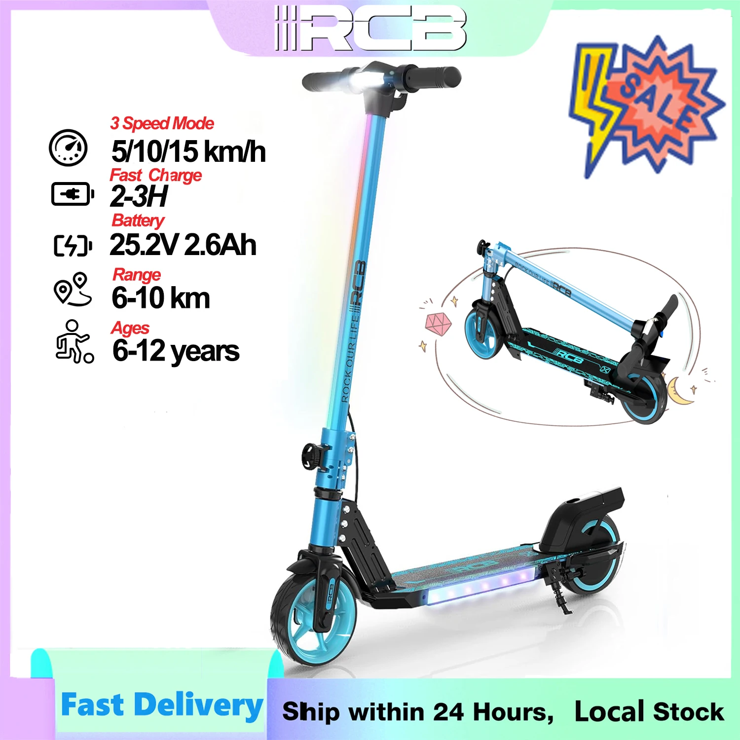 RCB R12 Elektroroller für Kinder von 6-12 Jahren, RGB-Beleuchtung, Non-Zero-Start, Doppelbremse, LCD-Bildschirm, 3-Gang, faltbar