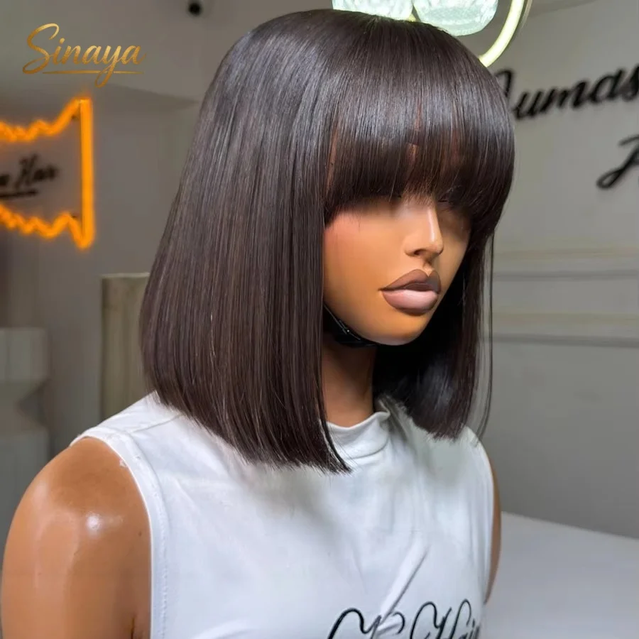 Natural Black Wig Short Bob Lace Front Wig with Bangs 13x4 HD Straight Wigs Synthetic Cosplay Makeup Daily Use On Clearance Sale
