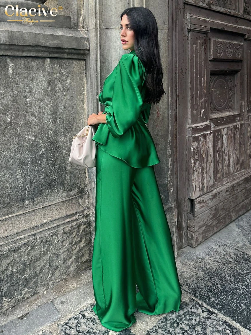 Clacive-Conjunto de dos piezas de satén verde para mujer, camisa de manga larga con Pantalones anchos de cintura alta, elegante, a la moda, 2025