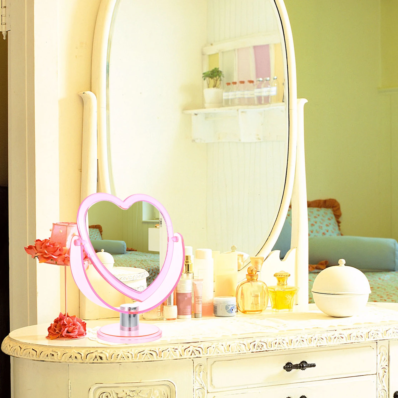 ハート型化粧鏡両面回転可能なデスクトップバニティミラー安定したベース高解像度ドレッシングテーブルに最適