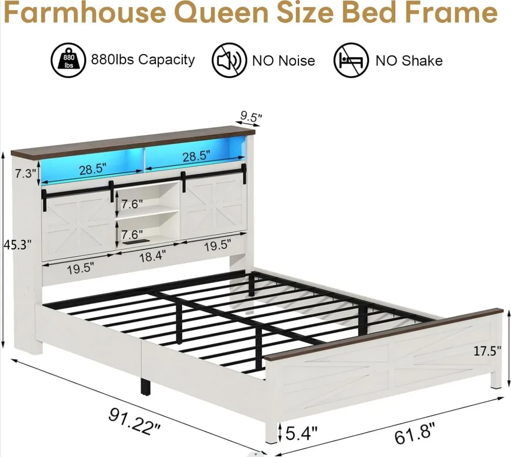 Marco de cama de granja LED tamaño Queen con cabecero y puerta corrediza de Granero, cama de almacenamiento de plataforma de madera rústica con estación de carga